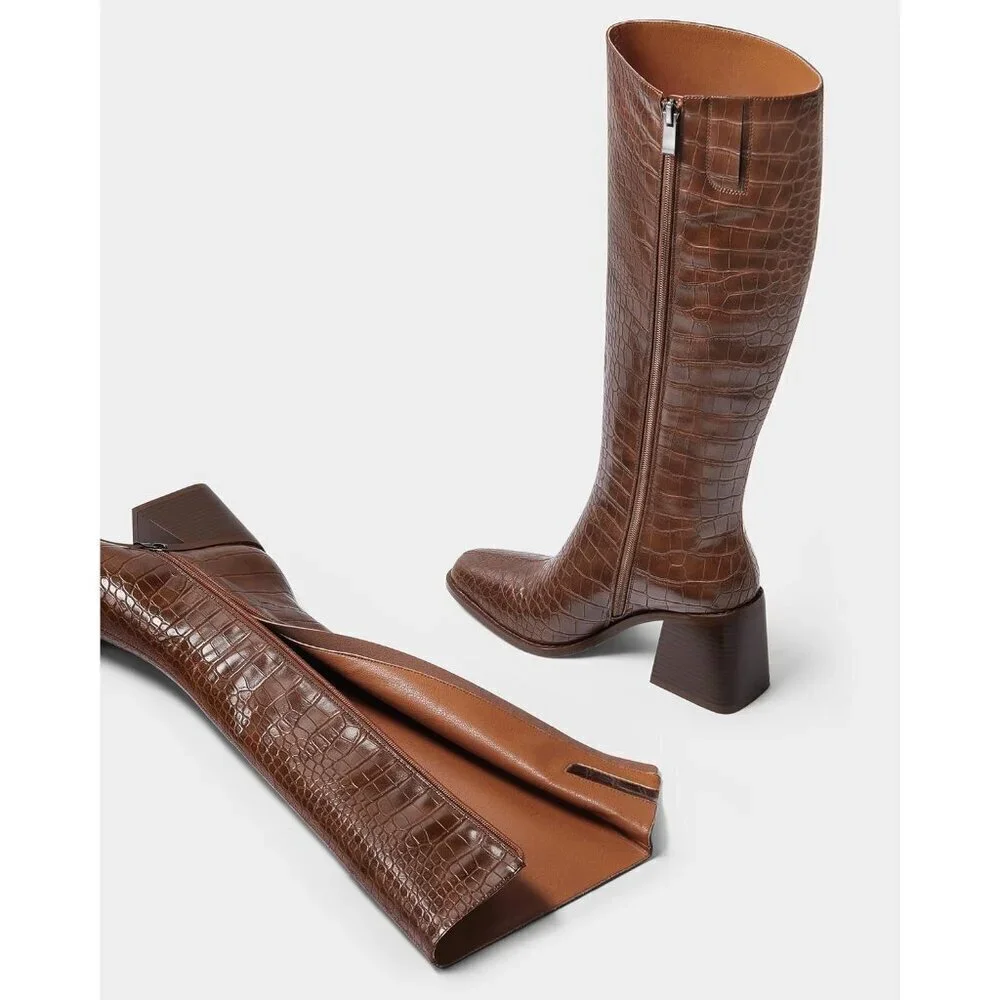Women Crocodile Brown Polyurethane Knee High Square Toe Block Heel Tall Boots